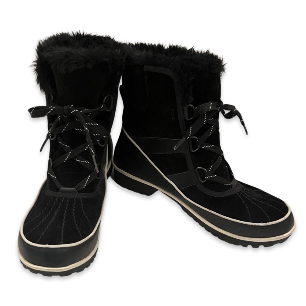 Sorel short winter boot, black with black fur and off white piping